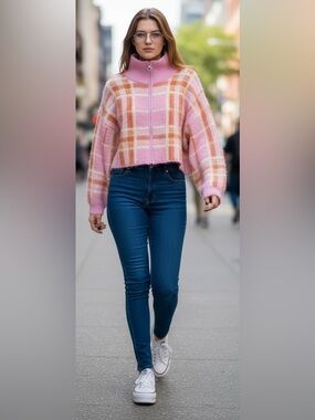 Cozy Pink Plaid Zip-Up Fuzzy Sweater Size Small NWT